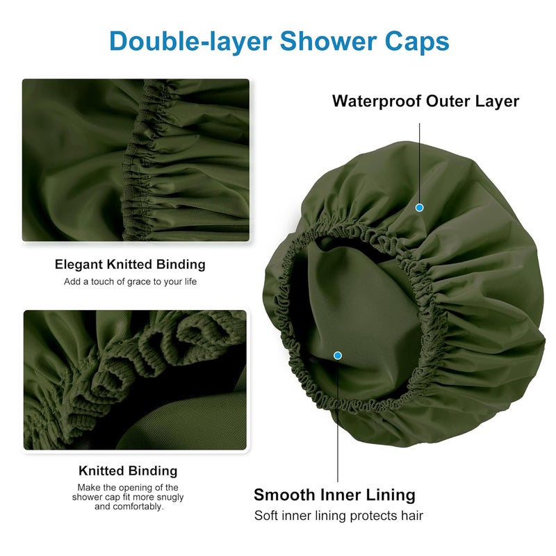 CHFONG Shower Cap for Women, Double Layer Waterproof Bath Cap, Reusable Hair Protector, Large Waterproof Shower Bonnet Washable Elastic Band Bath Hair Hat for Long Hair, Braids， - Dark Green - Image 5